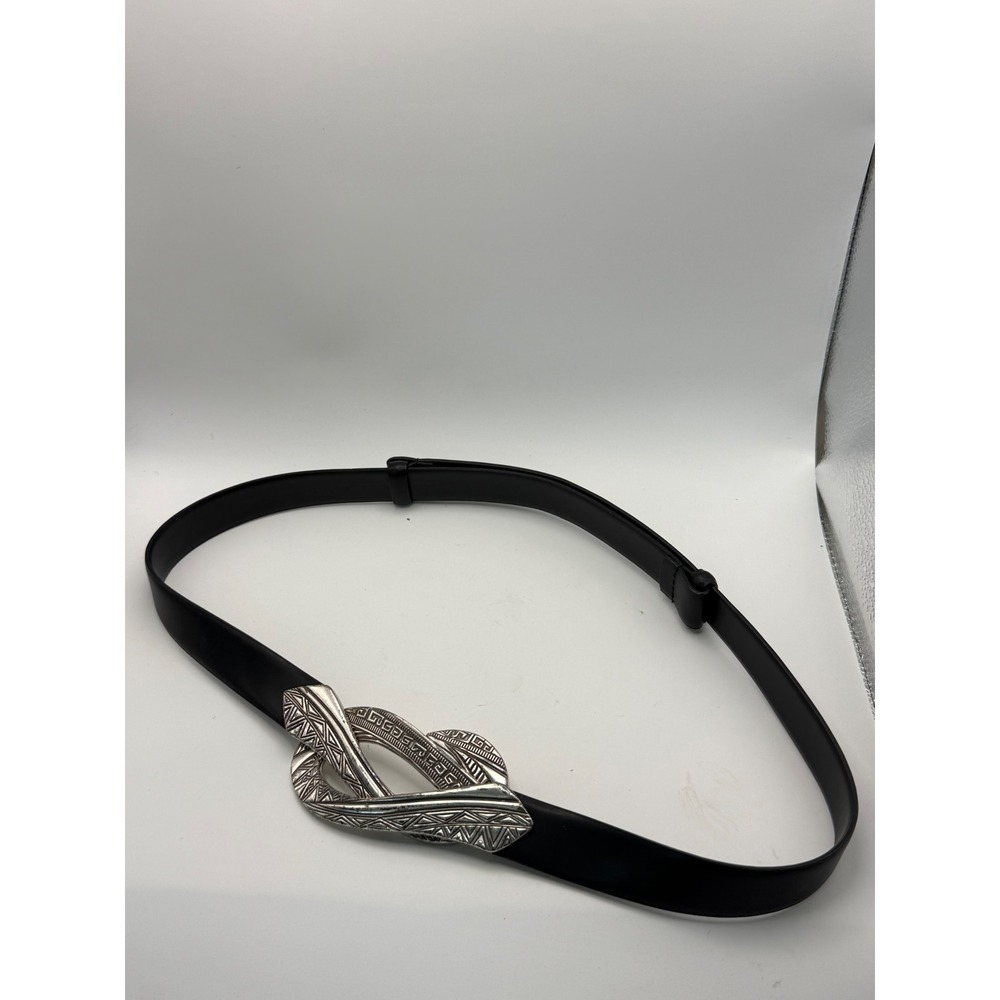 Chicos Adjustable Black Leather Belt Silver Tone Ornate Geometric Hook Buckle ML